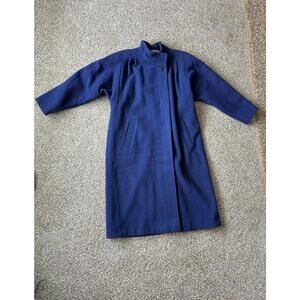 Vintage Womens Bromley 100% Wool Long Blue No See Button Winter Trench Coat- 8P